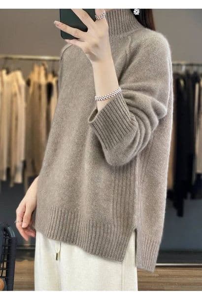Ddmytues Women's High-Necked Cashmere 100% Soft Wool Thickened Lazy Raglan Sweater With Slit For Autumn Winter Comfortable Waxy W