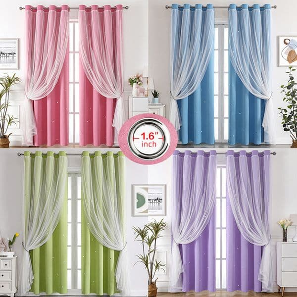 150X230cm Blackout Curtain Double Layers Romantic Sheer Kids Children Girls Curtains With Hollow Out Stars For Living Room Bedroom Windows Drapes 1Panel