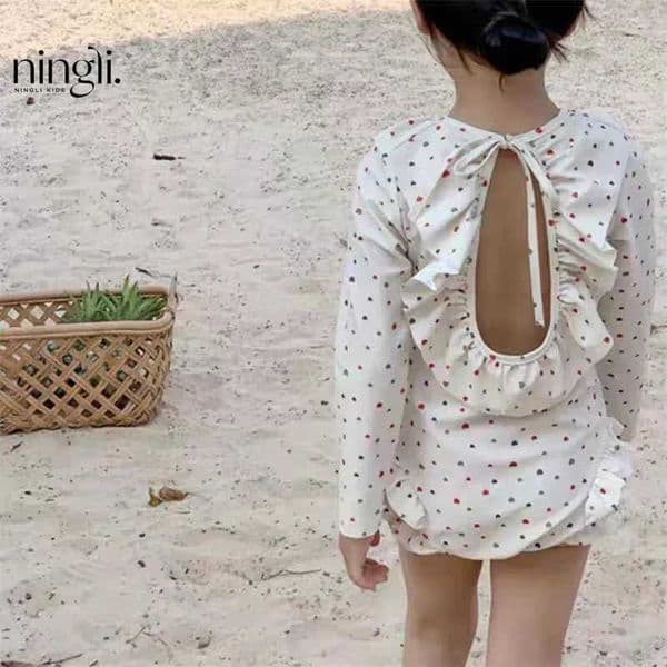Ins Childrens Girls Swimsuit Princess Backless Long Sleeve Lace Girls One Piece Swimsuit Beach Fashion Cute Childrens Swimsuit J250403