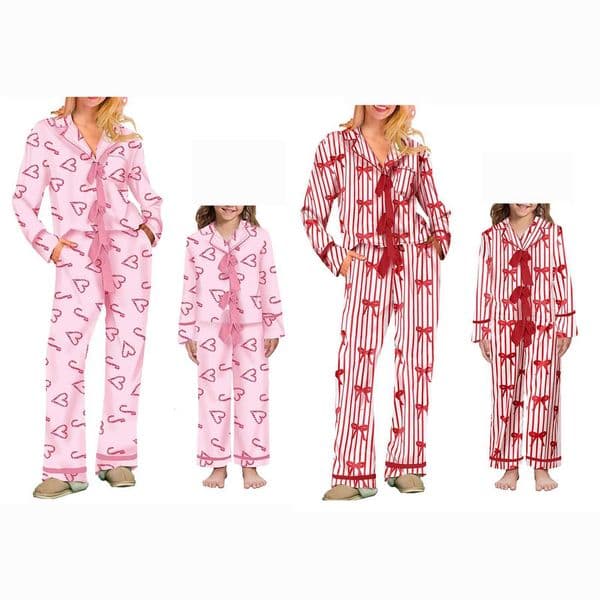 Mommy and Me Matching Pajamas Set 2-Piece Bow & Heart Print Long Sleeve Tie-Front Lapel Tops with Pants - Family Sleepwear