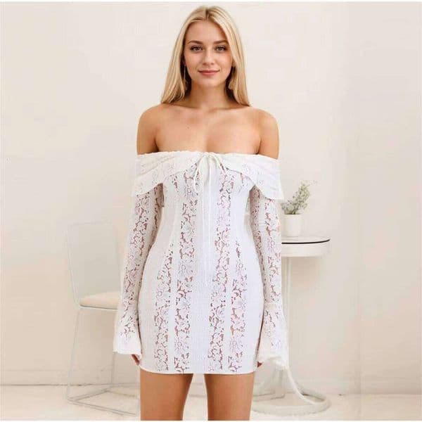 Elegant Women's Mini Dress Lace Shoulder Detail Long Sleeve Woven Breathable Pattern High Quality Spring Autumn Empire prom