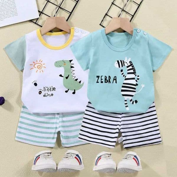 Cotton T-shirt+shorts 2-piece set childrens cartoon zebra dinosaur print summer set childrens boys and girls clothing for 1-6 years J250403