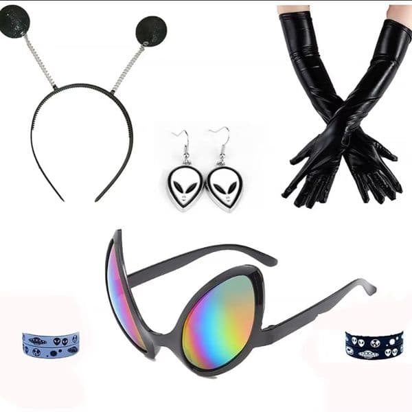 A complete set of space alien costume accessories, including headbands, earrings, gloves and eyewear accessories for Cosplay costumes