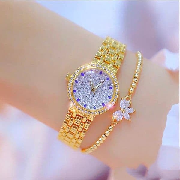 Lady's Diamond Watch Chain with Blue Diamond Markers and Full Diamond Design, Fashionable Women's Watch
