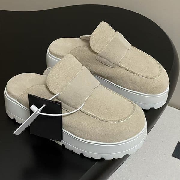 Designer Fashionable Women Triangle Logo Everyday Casual Closed-Toe Slip-on Sandals Women Suede Platform Slip-on Sandals Chestnut and Sand Mules 976