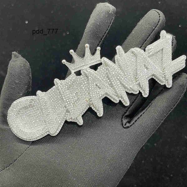 HipHop New Style S925 silver Inlaid Moissanite Burr Combination Letter Crown Buckle Pendant Necklace Niche Jewelry