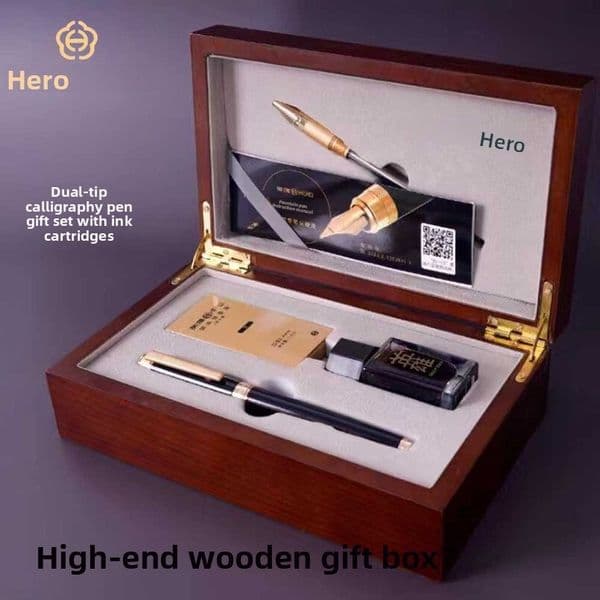 HERO Hero 1086 Dual Nib Wooden Gift Box Set Teachers and Successful Individuals, Metal Fountain Pen for Calligraphy Practice