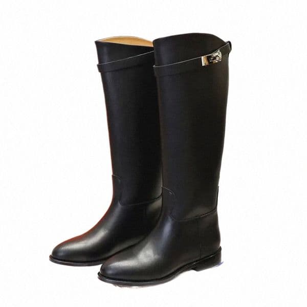 curved-edge Low Heel Tall Boot Smooth Vegetable Tanned Calfskin Slip-on Buckle Decoration Round Toes Knee-high Riding Boots Women Designers Brands Sho g8Hz#