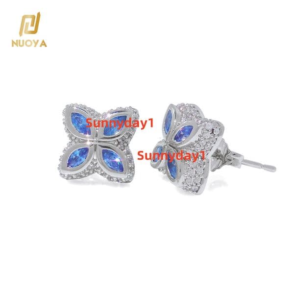NUOYA Four Leaf Clover Stud Earrings 925 Silver Iced Out VVS Moissanite Custom Color Bling Hip Hop Jewelry