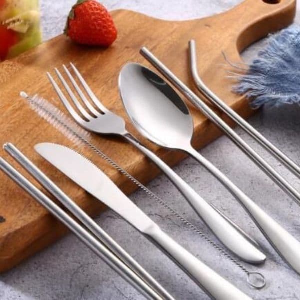 Portable Flatware Set Reusable Stainless Steel Fork, Knife, Spoon, Chopsticks, Juice Straw and Cleaning Brush