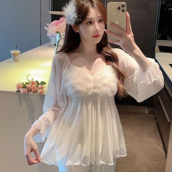 2026 Women s new chest cushion sleepwear spring and autumn mesh long sleeved pants sweet cute and sexy autumn home clothes