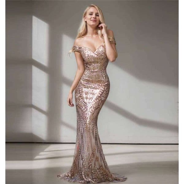 gold Sequin Women's Evening High Quality One Shoulder Backless Mermaid Empire Waist Maxi Prom Formal Party Dress XS prom