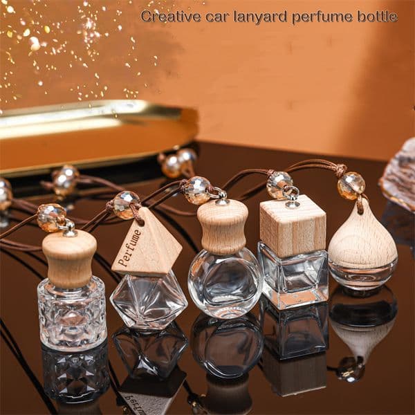 Home Car Perfume Bottle Pendant Essential Oil Diffuser Pendant Glass Ornaments Rhombic Empty Bottles Wooden Lid Air Freshener Bottles LT1673