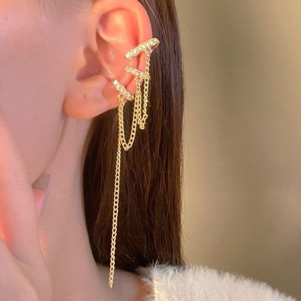 18k Gold Plated Sparkling Dia Tassel Clip For Women, Ins Style Niche Design Elf Cuff Ear Hook