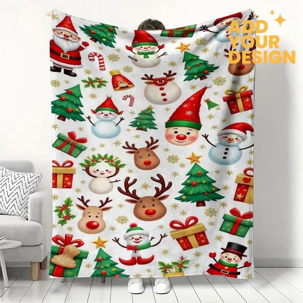 Custom Christmas Santa Snowman Reindeer Pattern Fleece Blanket Festive Winter Holiday Throw Blanket with Tree Gift Design Portable