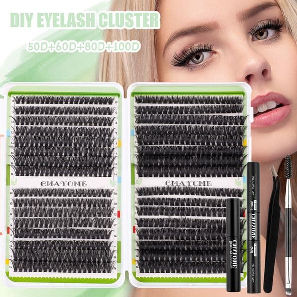 DIY Cluster Lashes Kit with Lash Bond & Seal Brush 640Pcs DIY Individual Eyelashes Soft Natural Look Thick Fluffy Curled Cluster Segmented Eyelash Extensions