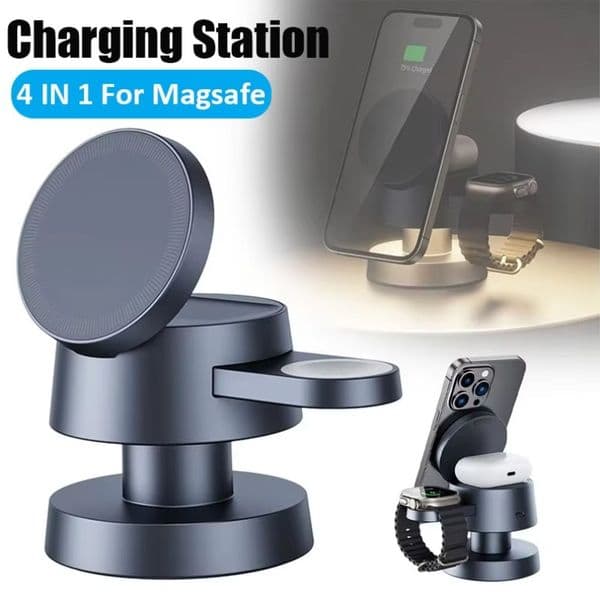 4-in-1 Foldable Magnetic Wireless Charger Stand 15W Fast Charging for iPhone 17/16/15, iWatch 10/9/8, AirPods Pro All-in-One Effortless Charging Station