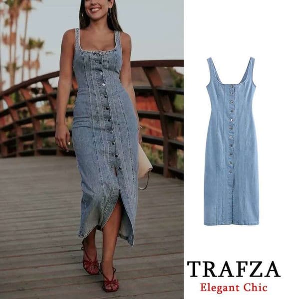 Casual Elegant Denim Halter Womens Buttons Slim New Summer Fashion Holiday Basic Dress