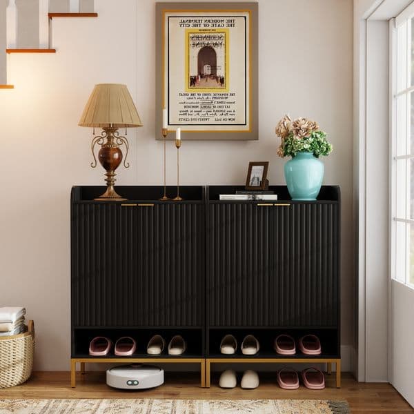 41.5" High Black Modern 5-Story Shoe Cabinet, Farmhouse Style Wooden Shoe Rack with 3 Adjustable Shelves, Entryway Storage Organizer