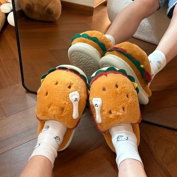 Hamburger cotton slippers for couples, autumn and winter new cartoon cute fur slippers, indoor home with plush warm cotton slippers