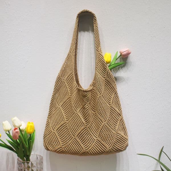 Amazon Cross-Border Lazy Style for Women Spring Summer Hollow Knitted Single Shoulder Woven Shopping Bag