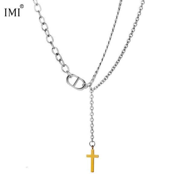 IMI Cross Double layered Stacked Necklace Women's Titanium Steel Niche Tassel Design Versatile Fashion Pendant Trend YL406