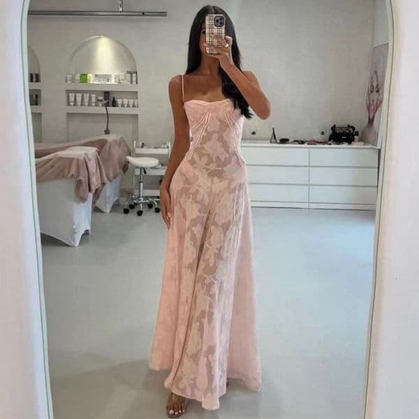 Wind 2025 Summer New Fashionable and Sexy Perspective Seaside Resort Slimming Strap Skirt Floral Dress