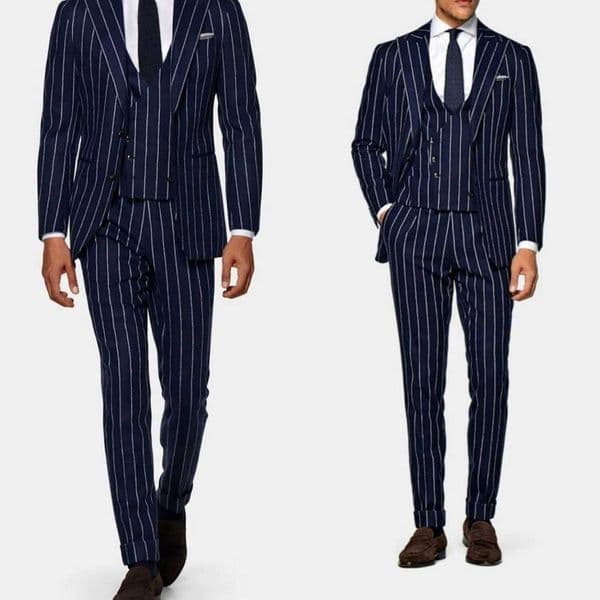 Classic Wedding Tuxedos Pinstripe 3 Piece Set Jacket Vest Pants Men Suit Peaked Lapel Single Breasted Groom Blazers Customized