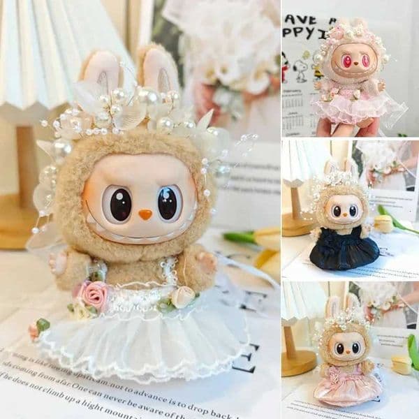 Clothes Only 17cm labubu Doll Mini Plush Lace Dress Pearl Hair Accessory Set Sitting Par Toy Pendant Wedding CostumeXJ251110