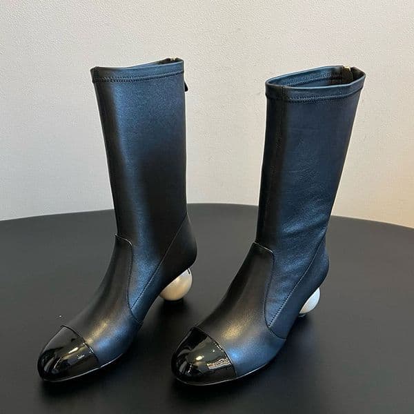 Luxury Women black genuine leather midsole boots Designer patchwork black patent leather boots with pearl heel design Womens wearing shoes