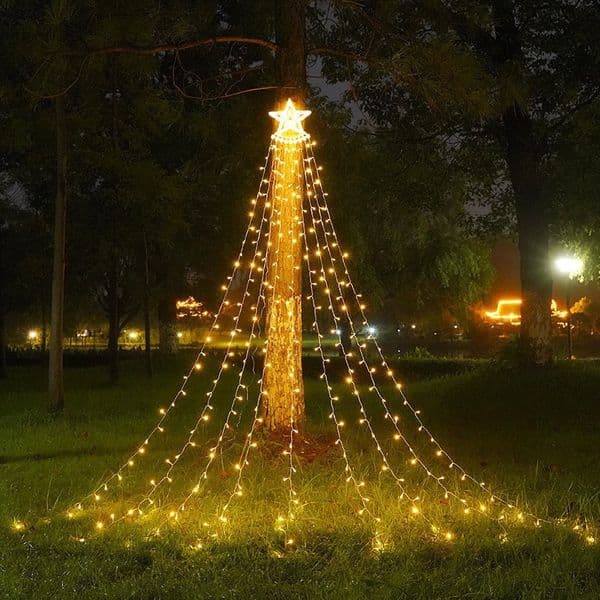 2m Christmas Five-Point Star Waterfall Lights | Outdoor Solar Trailer Lights | LED Star String Lights For Christmas Courtyard Decoration Fixable Leather Cord