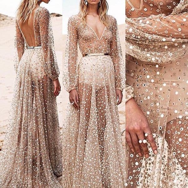 Women's Cocktail glittering gauze, long sexy nightclub dress, female