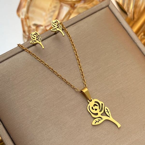 Stainless Steel Set Hollow Rose Flower Stud Earrings Necklace Women's Simple Spring and Summer Accessories
