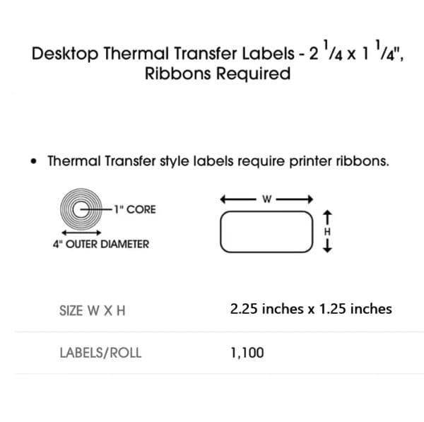 Desktop Thermal Transfer Labels - 2.25 inches x 1.25 inches, Ribbons Required For use in Zebra, Eltron, Fargo, Sato, NEC, Datamax and other desktop by sea