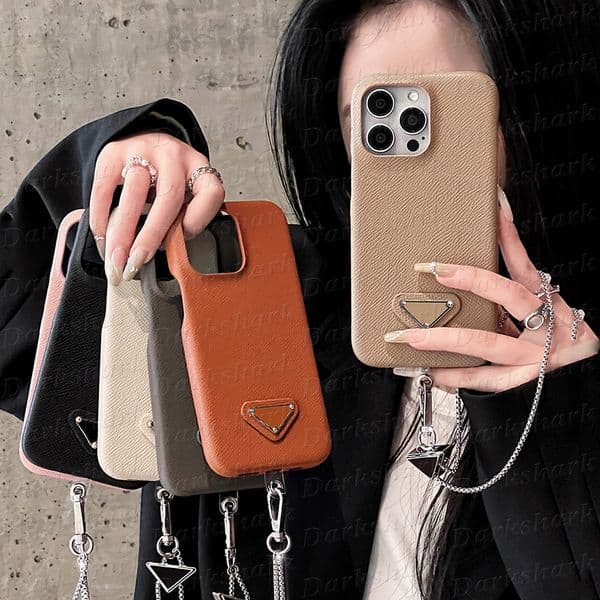 Luxury Adjustable Chain Phone Case for iPhone 17 Air 16 15 14 13 12 Pro Max Classic Leather Skin Cellphone Shell Famous Designer Shockproof Cover Wrist Handy Chain