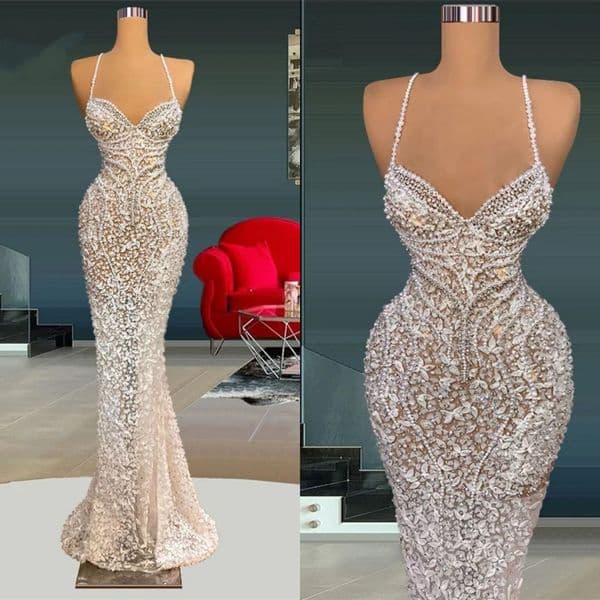 Vintage Evening Dresses For Women Pearls Appliques Sequins Gown Spaghetti Straps Sleeveless Floor Length Dress Party Custom Made