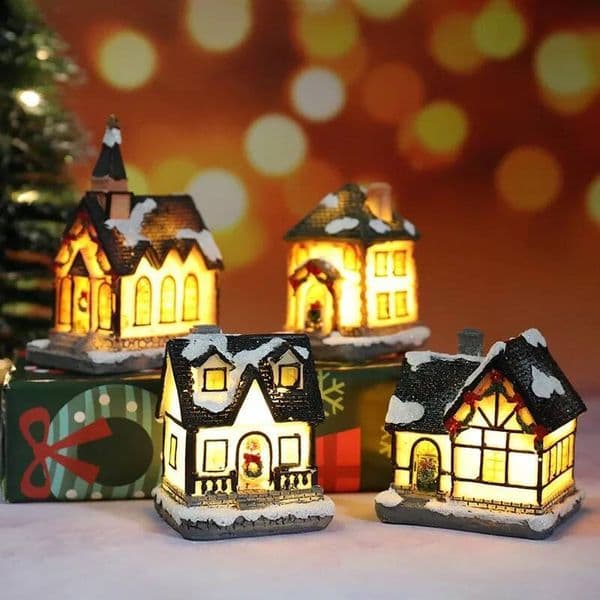 Christmas Decoration LED Light Xmas Durable Ornaments Small Resin Mini House Miniature Village Building for Home Kids Gift ddmytues