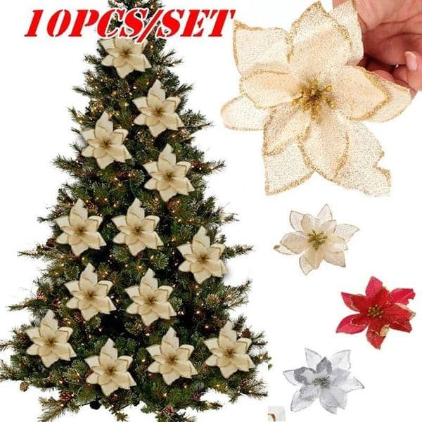 Christmas 10Pcs Large Sequins Flower Glitter Poinsettia 5.5inch Artificial Flowers Tree Ornaments Home Decorations ddmytues