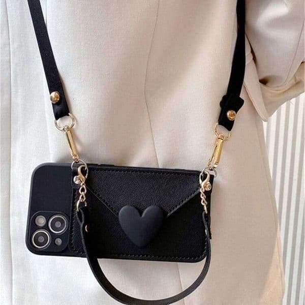 Designer Phone Case Black Heart Coin Purse Compatible With Apple 13 Phone Case Iphone 14 Pro Max Crossbody 17/12 Strap