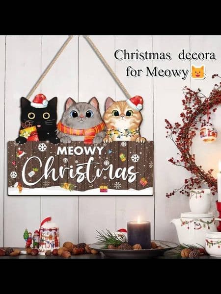 Christmas 1Pc Wooden Ornament,Cute Cat Pendant Festive Xmas Tree Hanging Decoration for Holiday Home Door Wall ddmytues