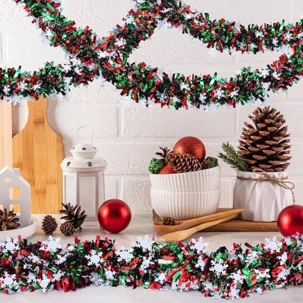 Christmas 1pc Ribbon Red White Green Snowflake Party Tinsel Garland Home Store Dining Table Decoration Ornament ddmytues