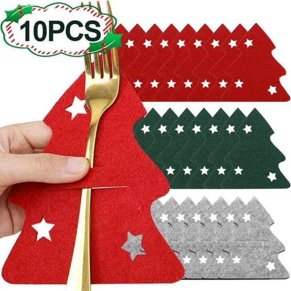 Christmas 10/1Pcs Tree Cutlery Knife Fork Cover Table Decorations Home Kitchen Tableware Decors Xmas Dinnerware Wrapping Bag ddmytues
