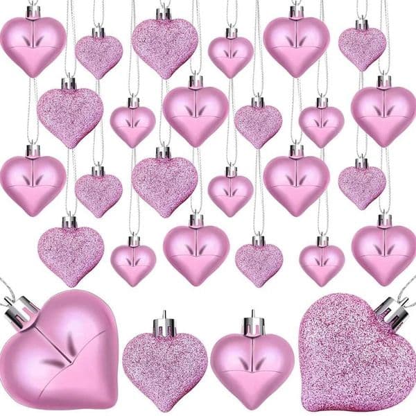 Christmas 12PCS Valentine's Day Ornaments Set Glitter 4.5CM Hanging Heart Ball Pendant Xmas Tree Decor Plastic ddmytues