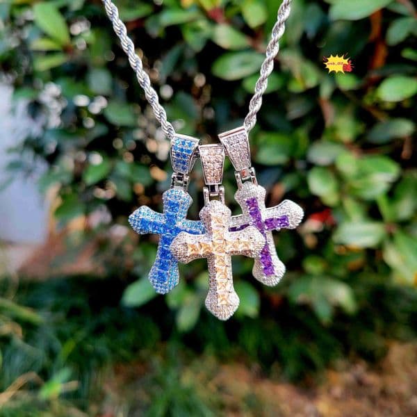 Moissanite Iced Out Smaller Size Cross Necklace Religious Christian Pink Blue Bag Pendants Silver Plated Jewelry