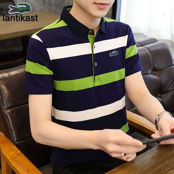 Noble Crocodile Polo Shirt Summer Short Sleeve Striped Turn-down Collar T-shirt Pure Cotton Korean Style Loose Plus Size designer handbag Men's Fashion