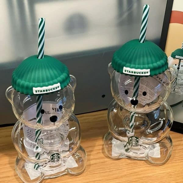 Bear Tumblers Glass 20oz Cup Star With Straw Bucks Cute Transparent Tumbler With Hat For Iced Coffee Cold Drink Christmas New Year Gift Water Bottle gh45