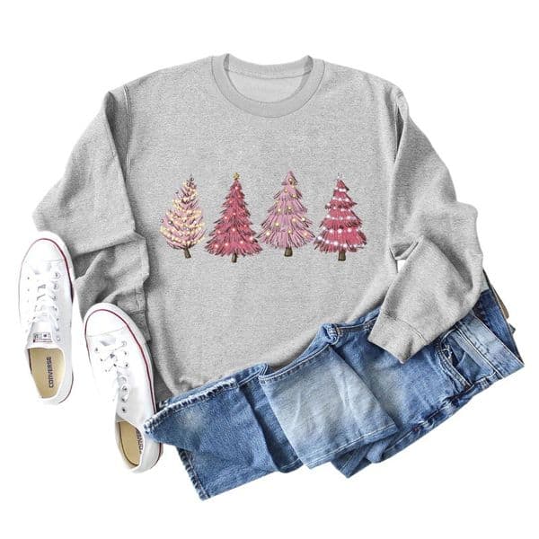European & American Fashion Women's Round Neck Christmas Tree Print Long Sleeve Holiday Sweatshirt - TT6435