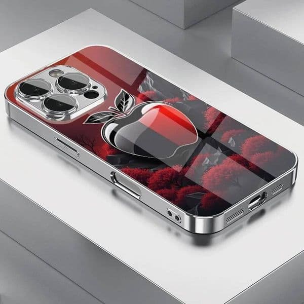 Creative Black Red Apple Pattern Glass Electroplated Phone Case For iPhone 17 16 15 14 13 12 11 Pro Max Plus 16E 17Air Cover