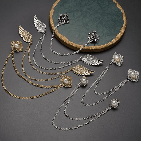 6 Pcs Antique Sweater Shawl Clip Chain Renaissance Style Rose Brooch Wings Cardigan Pin Gold sliver For Woman Men