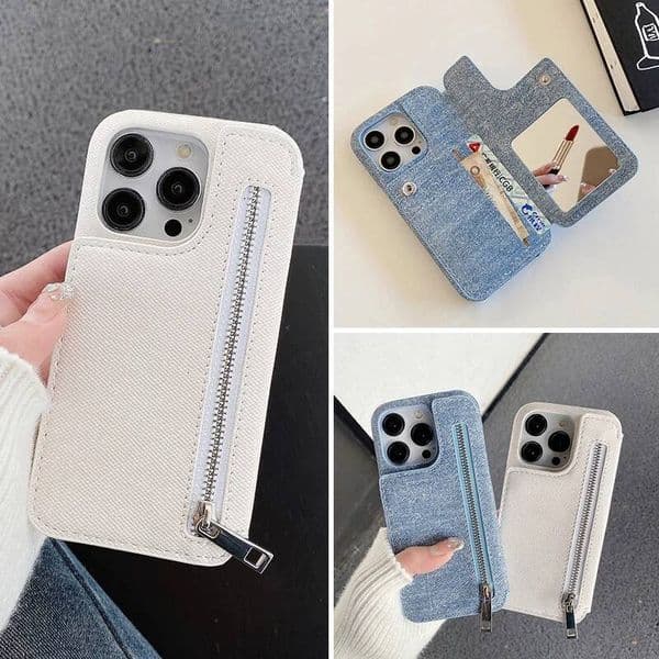 Denim Pattern Beauty Mirror Zipper Card Bag For iPhone Air 17Pro 11 12 Mini 16Pro 13 14 15 Pro Max Makeup Cover